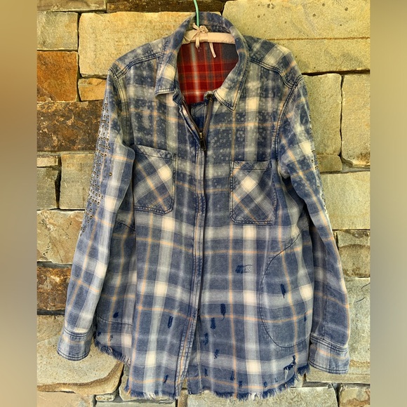 Free People * Blue Plaid * Zip Front * Oversized * Unisex * Jacket - Picture 2 of 10